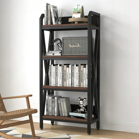 4 Tier Farmhouse Bakers Rack Heavy Duty Metal Wood Shelves Built Like A Tank Rock Solid X Brace Reinforcement Sleek Industrial Design Ultimate Kitchen Storage Solution 25.6 Inch Width with books and decor.