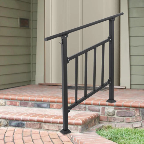 Built Like A Tank 3 Step Outdoor Stair Railing In Matte Black Steel Alloy with safety fence installed on brick steps.