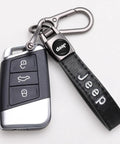 Premium Genuine Leather Keychain On Point Style Real Deal Fit For Jeep Wrangler Compass Cherokee Renegade Patriot Grand Commander Zinc Alloy Keyring Lanyard Everyday Carry Gift Black Sharp with key fob and clip.