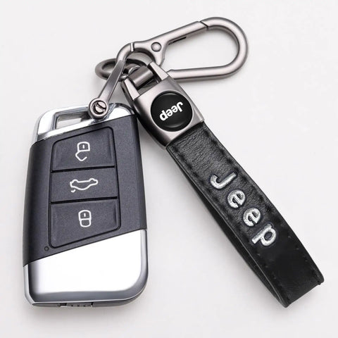 Premium Genuine Leather Keychain On Point Style Real Deal Fit For Jeep Wrangler Compass Cherokee Renegade Patriot Grand Commander Zinc Alloy Keyring Lanyard Everyday Carry Gift Black Sharp with key fob and clip.