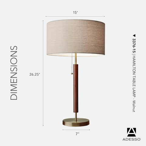 Hamilton Table Lamp With Walnut Eucalyptus Wood And Antique Brass Finish, 26.25 Inch Tall, Linen Shade, 100W Incandescent Or 26W CFL, Dope Modern Brown Desk Lamp For Living Room And Office