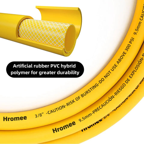 Close-up of Three Eighth Inch Lead In Air Hose Six Feet Long With One Quarter NPT Quick Coupler And Plug 300 PSI Yellow Whip Compressor Hose Short, featuring hybrid rubber-PVC construction for durability.