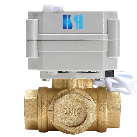 12V DC motorized brass ball valve with L port, three way, NPT inlet, position feedback, reverse polarity on off, front view