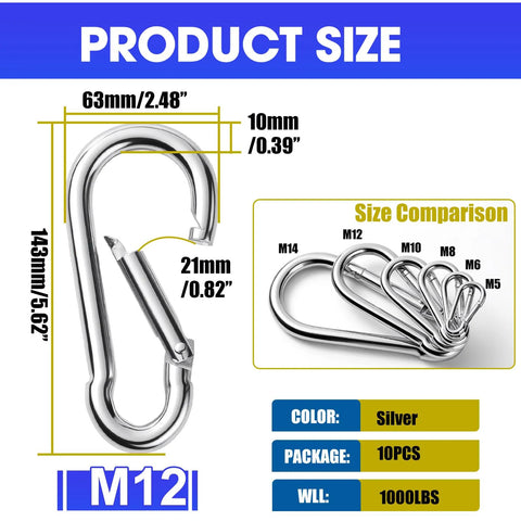 Ten-pack M12 silver spring-loaded carabiner clips for outdoors, heavy-duty, 63mm wide, 145mm tall, 12mm gate, 1000 lb WLL