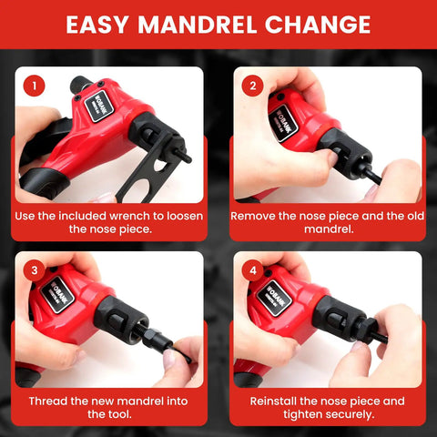 Easy mandrel change for One Hand Rivet Nut Tool Kit All In One For Tight Spaces With 8 Inch Tool And 160 Nuts step-by-step