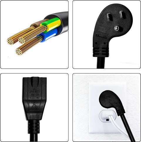 Space Saving Flat Plug Extension Cord One Foot With 90 Degree Grounded Plug Three Prong Short Flat Wall Cable 125V 13A 16 AWG NEMA 5 15P To NEMA 5 15R Black ETL Listed Pack Of Four showing close-up of wires, plug design, and wall socket use
