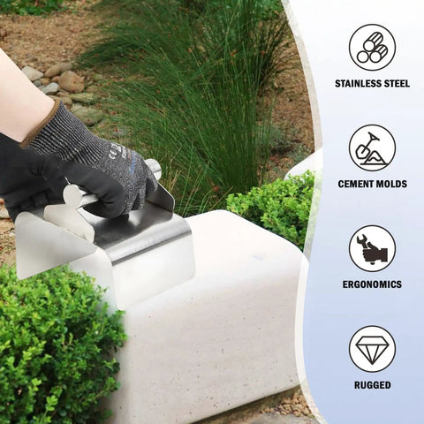 Person using Concrete Curb Trowel Edger With Wave Putty Knife, Ergonomic 4x6x4 Inch Handle for shaping edges, surrounded by plants.