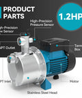 1.2 HP Smart Control Booster Jet Pump For Home, Garden, And Farm Irrigation, 1200 GPH At 115V, Stainless Steel Shallow Well Pump With Auto On Off