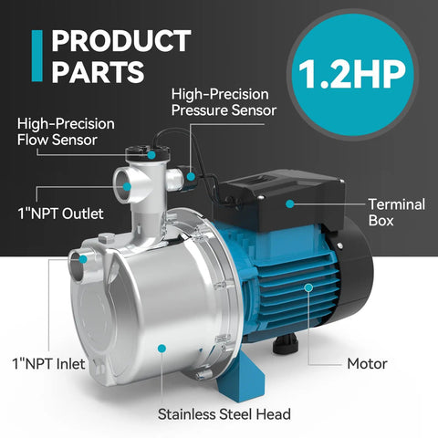 1.2 HP Smart Control Booster Jet Pump For Home, Garden, And Farm Irrigation, 1200 GPH At 115V, Stainless Steel Shallow Well Pump With Auto On Off