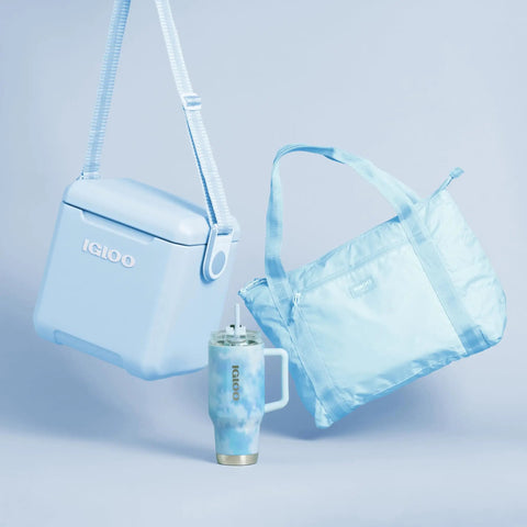 Powder Blue 11 Qt Tag-Along Two Strapped Picnic Style Cooler with Hands Free Crossbody Strap, bag, and tumbler set
