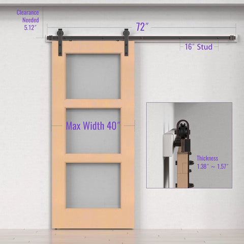 Oil Rubbed Bronze Sliding Barn Door Hardware Kit With Five And A Half Foot Track And J Shape Rollers Brushed Antique Bronze Finish Classic Industrial Style With Hand Finished Edges For Elegant Interior Decoration And Smooth Operation installed on a 72-inch track with spacers and guide
