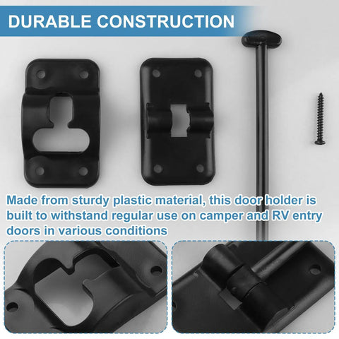 Road Warrior Six Inch T Style Entry Door Holder For Camper And RV Setups includes black plastic mount, hinge, and screw for easy installation.