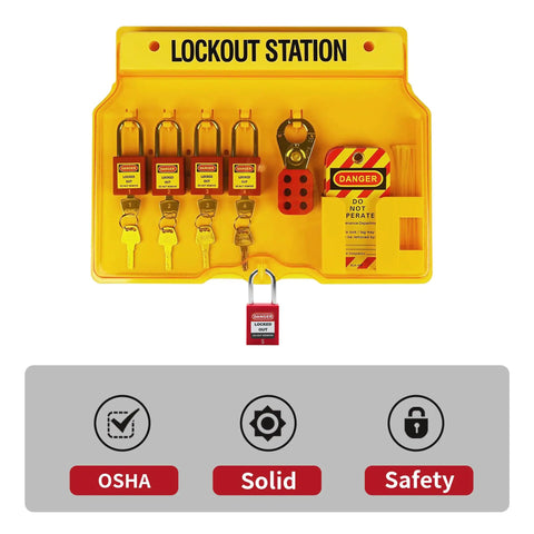 Lockout Tagout Station Kit With Lockable Cover For Wall Mount Storage Includes 5 Safety Padlocks 2 Hasps 20 Lockout Tags 20 Nylon Ties 1 Pen OSHA Compliant