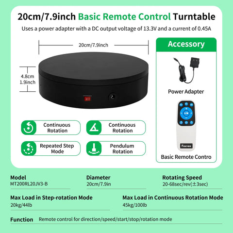 Foxvee Remote Controlled Motorized Turntable, 360 Degree Rotating Display Stand With Speed Adjustable Base For Photography And 3D Scan. 20cm diameter, sleek black design.