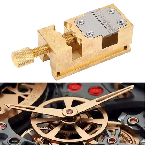 Close-up of Brass Watch Repair Vise Clamp Kit With 0.2-1.5mm Hole Range and gears, showcasing precision and detail.
