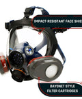Industrial-Grade Full Face Respirator Mask With Anti-Fog Scratch-Resistant Lens Bayonet Filter Compatibility shown on display