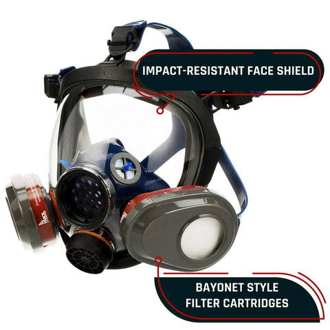 Industrial-Grade Full Face Respirator Mask With Anti-Fog Scratch-Resistant Lens Bayonet Filter Compatibility shown on display
