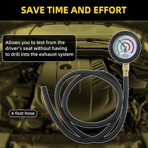 Pro Grade Exhaust Back Pressure Tester Kit With 6 Foot Hose, Professional Car Exhaust Back Pressure Gauge, Adapter And Hose Clamp, Includes Durable Carton Packaging; 6-foot hose and gauge