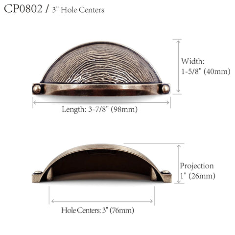 Aged Silver Molten Texture Cup Pulls 3 Inch Hole Centers dimensions showing length and width for cabinets and dressers.