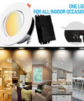 6 Inch Gimbal LED Recessed Downlight No Brainer Dimmable 5CCT, five lighting settings in various room scenes, pack of 4.