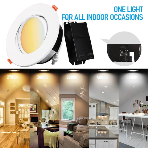 6 Inch Gimbal LED Recessed Downlight No Brainer Dimmable 5CCT, five lighting settings in various room scenes, pack of 4.