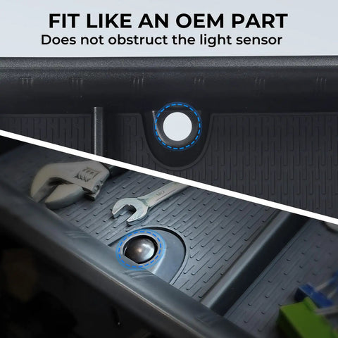 Close-up of Toyota Grand Highlander Dash Storage Tray Behind Screen Center Console Organizer Black with tools inside