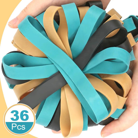 Heavy Duty Thick Rubber Bands Set 36 Pcs Large Wide Ranger Bands Size 107 in hands, showcasing colors and elasticity.