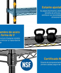 Hassle Free Five Tier Floor Standing Carbon Steel Storage Rack With Heavy Duty Adjustable Wire Shelving Rig and Sturdy Mesh Guardrails For Clean Black Home Organization Makeover showcasing adjustable wire shelving features and kettlebells.