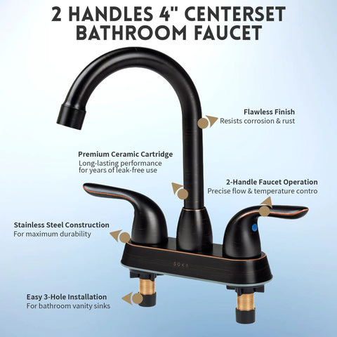 Oil Rubbed Bronze Stainless Steel Bathroom Faucet With Pop Up Drain Stopper And Deck Plate For 3 Hole Sink And 2 Handle Modern Vanity Fixture Easy To Install - front view showing 2-handle design and stainless steel construction.