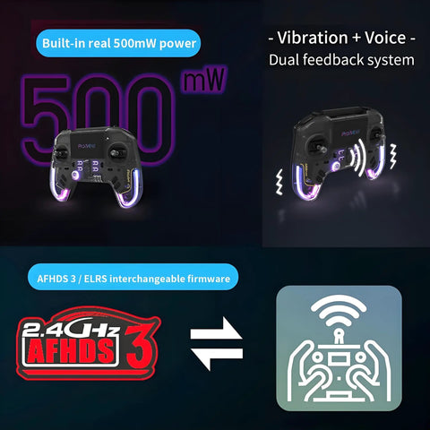 Flysky ProArt PA01 Radio Transmitter with 500mW power and dual feedback system, shown with 2.4GHz AFHDS 3 firmware.