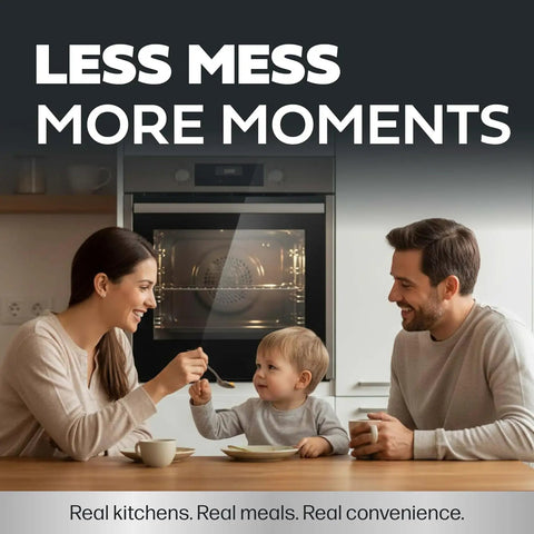 Family enjoying meal in kitchen with oven in background, highlighting Nonstick Oven Protector Mat For Any Oven, Heavy Duty Oven Rack Liner