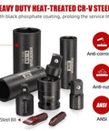 Heavy Duty Heat-Treated Cr-V Steel sockets with black phosphate coating, part of the Half Inch Drive Master Impact Socket Set.