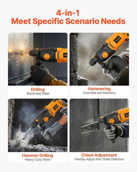 4-in-1 uses of 1 Inch SDS Plus Rotary Hammer Drill With 8 Amp Corded Power Beefy Heavy Duty Demolition Hammer For Concrete And Metal