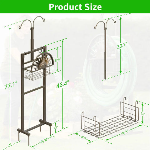 Heavy Duty Tough As Nails Garden Hose Reel With Two Shepherd Hooks, 77 inch freestanding stand with basket, product dimensions shown.