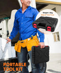 Man holding Comprehensive 19 Piece Household DIY Tool Set With Storage Case for home office and dorm repairs, tool bag on belt.