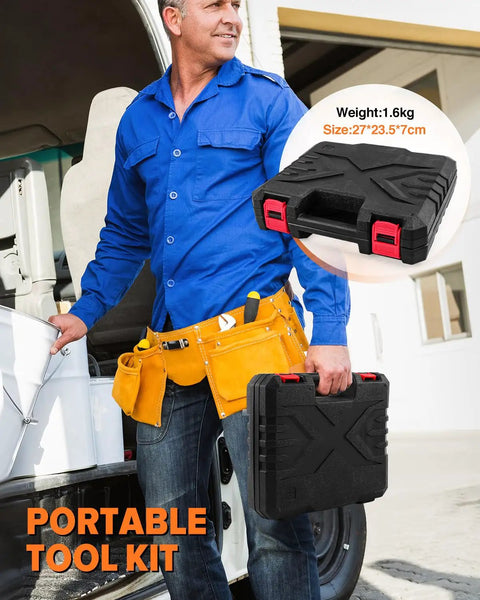 Man holding Comprehensive 19 Piece Household DIY Tool Set With Storage Case for home office and dorm repairs, tool bag on belt.