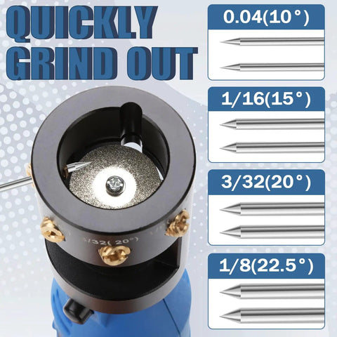 Heavy Duty Tungsten Sharpener Grinder For TIG Welding With A Straight Shooting Four Angle Rotary System and Dead On Precision Flat Grinding Block displaying grinding angles.
