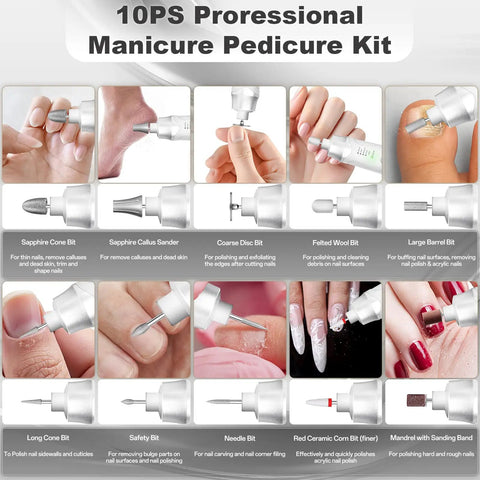 10PS Professional Manicure Pedicure Kit featuring ten grinding heads for nail care and gel polish removal.