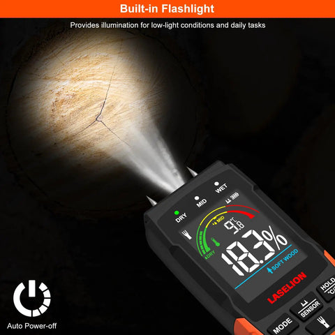 2-In-1 Pin And Pinless Pro-Grade Moisture Meter MS03 For Wood, Concrete, Drywall And More With LCD Display, Hold Function, Flashlight, Auto Power Off, And Non-Destructive Pinless Mode For Delicate Surfaces showing built-in flashlight