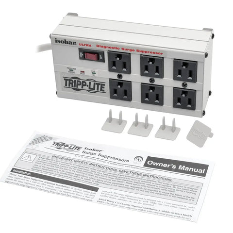 Isobar 6 Ultra Three Stage Surge Protector With Six Outlets And Isolated Filter Banks shown with manual and accessories.