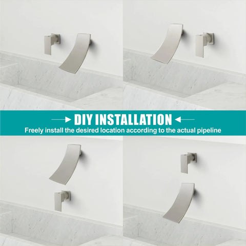 DIY installation of Wall Mount Waterfall Bathroom Faucet With Single Handle In Brushed Nickel, above a white sink
