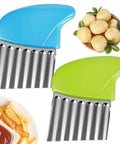 Front view of two stainless steel crinkle cutters with blue and green handles; potatoes and waffle fries shown.