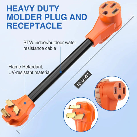 30A To 50A EV Charger Adapter Cord With Heavy Duty 10 Gauge Copper Wire NEMA 10-30P To 14-50R shown with connectors and details