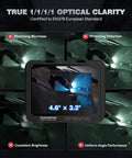 Pro Grade Auto Shade Welding Helmet With Large 4.6 By 3.2 Inch Viewing Screen showcasing optical clarity features and welding scene.