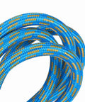 Flexible Nylon Braided Airbrush Air Hose Kit 6 Feet Long With Kink Resistant Build, close-up of blue and gold braided hose.