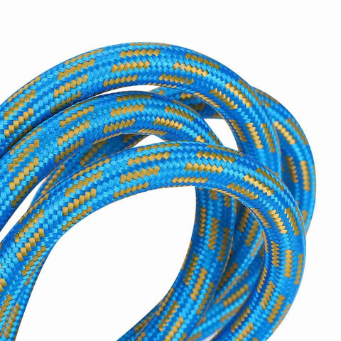 Flexible Nylon Braided Airbrush Air Hose Kit 6 Feet Long With Kink Resistant Build, close-up of blue and gold braided hose.