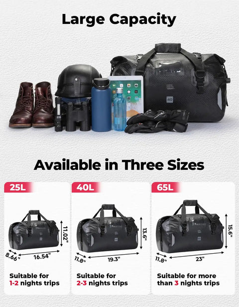 Waterproof Motorcycle Dry Bag Tail Pack Duffle Luggage 25L 40L 65L with quick release straps, shown with gear and size options.