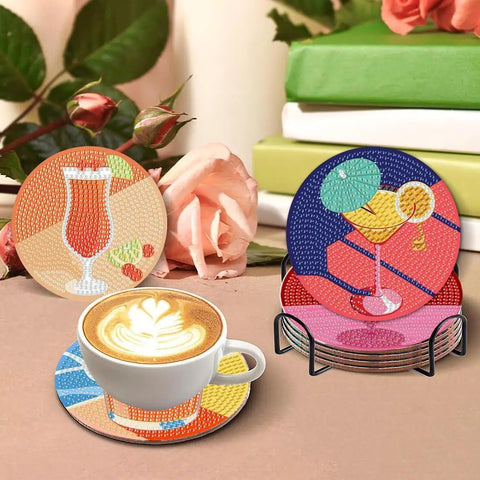 Eight Piece Diamond Art Coaster Kit With Holder For DIY 5D Retro Cocktail Coasters Diamond Painting Set For Adults And Beginners