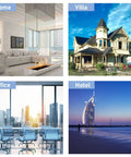 Collage of four images: modern home interior, classic villa, office space, and beachfront hotel.