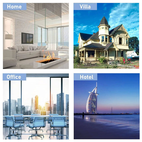 Collage of four images: modern home interior, classic villa, office space, and beachfront hotel.